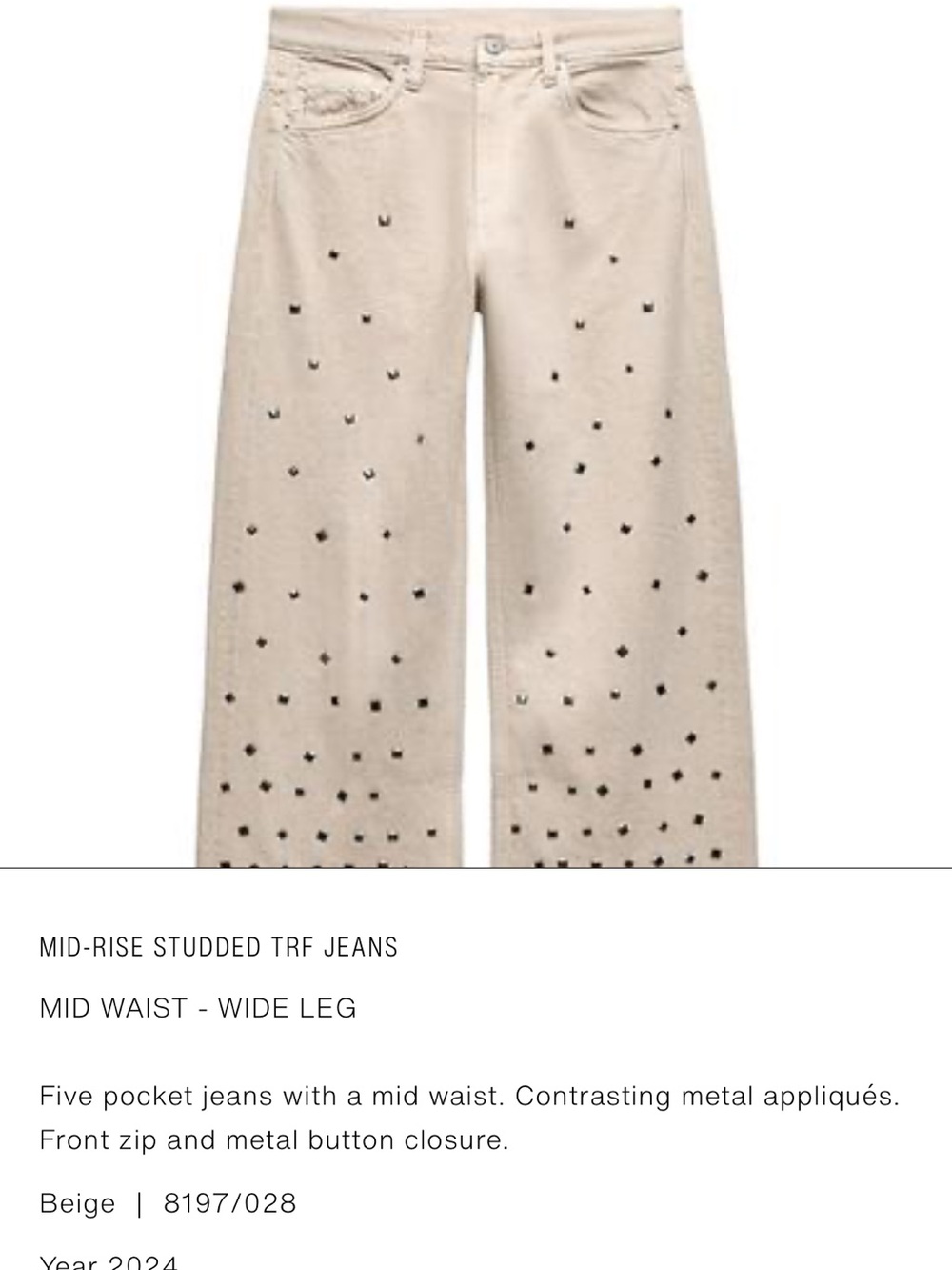 Zara Beige Mid-Rise Wide-Leg Studded Jeans